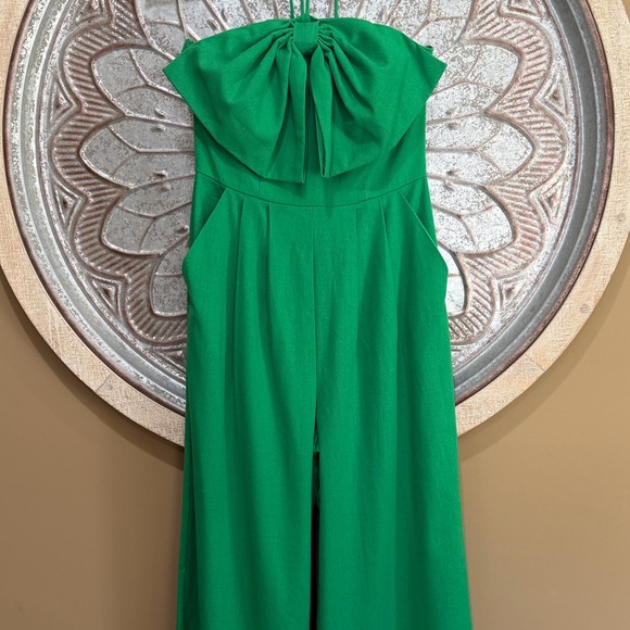 NWT- Main Strip Kelly Green Bow Wide Leg Linen- Blend Statement Romper Jumpsuit - Picture 5 of 7